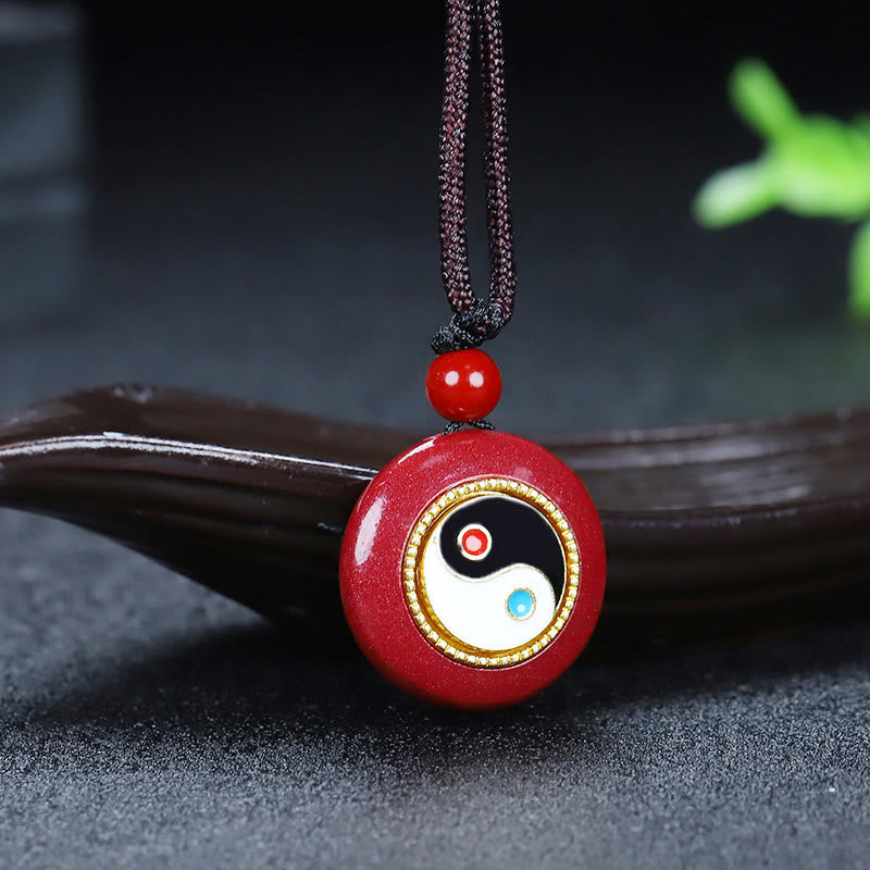 Wear FengShui Natural Cinnabar Yin Yang Design Braided String Blessing Necklace Pendant