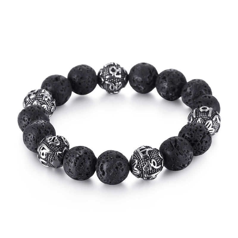 Wear FengShui Natural Lava Rock Tiger Eye Titanium Steel Six-True-Words Om Mani Padme Hum Healing Bracelet
