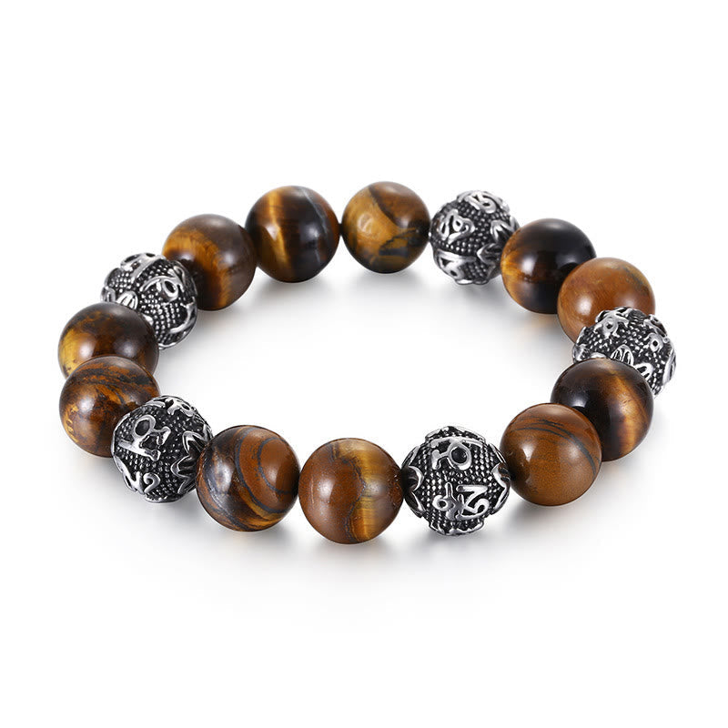 Wear FengShui Natural Lava Rock Tiger Eye Titanium Steel Six-True-Words Om Mani Padme Hum Healing Bracelet