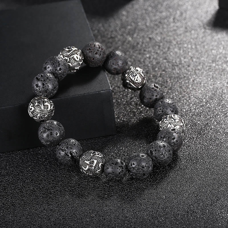 Wear FengShui Natural Lava Rock Tiger Eye Titanium Steel Six-True-Words Om Mani Padme Hum Healing Bracelet