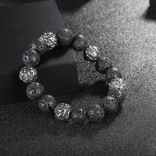 Wear FengShui Natural Lava Rock Tiger Eye Titanium Steel Six-True-Words Om Mani Padme Hum Healing Bracelet
