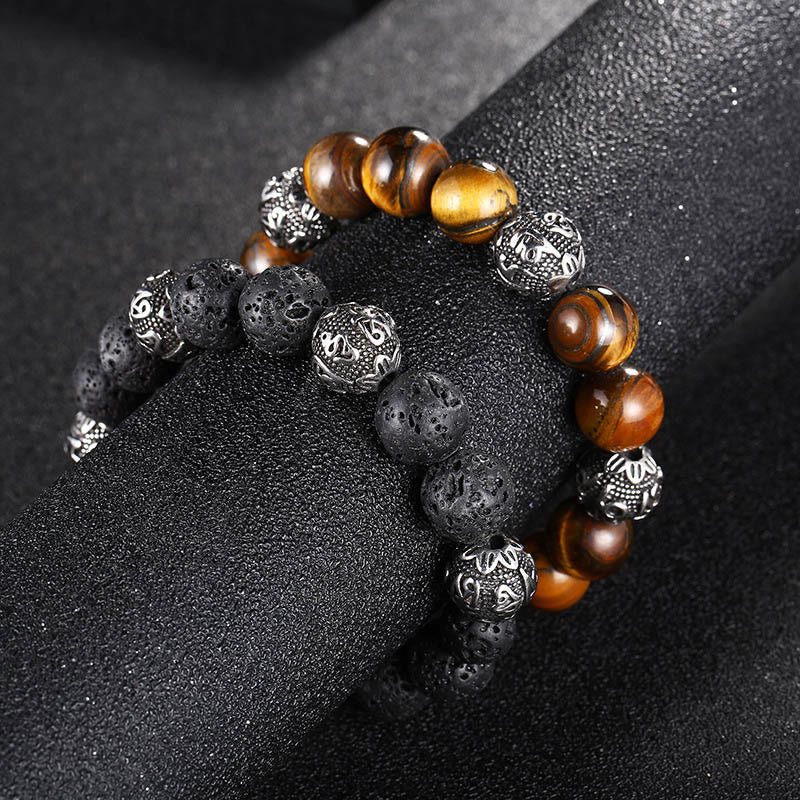 Wear FengShui Natural Lava Rock Tiger Eye Titanium Steel Six-True-Words Om Mani Padme Hum Healing Bracelet