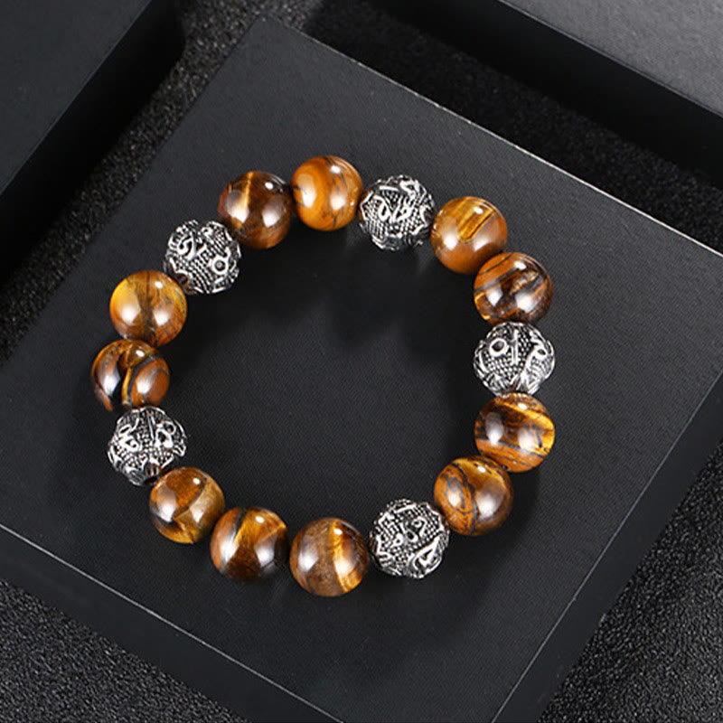 Wear FengShui Natural Lava Rock Tiger Eye Titanium Steel Six-True-Words Om Mani Padme Hum Healing Bracelet
