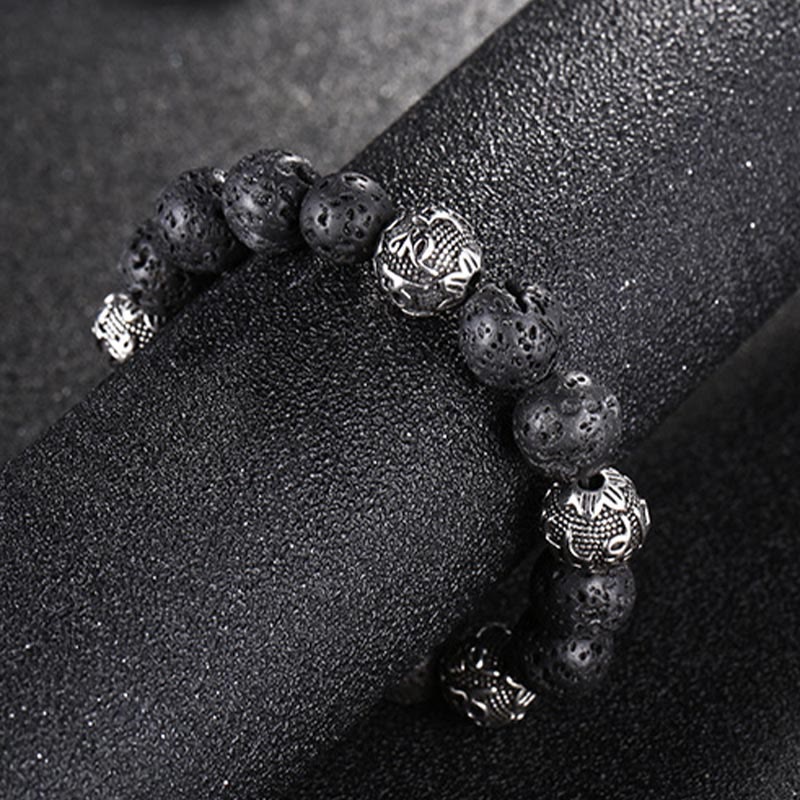 Wear FengShui Natural Lava Rock Tiger Eye Titanium Steel Six-True-Words Om Mani Padme Hum Healing Bracelet