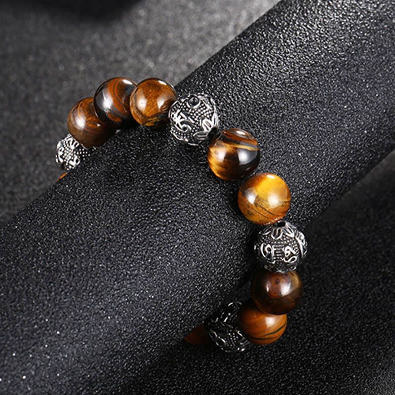 Wear FengShui Natural Lava Rock Tiger Eye Titanium Steel Six-True-Words Om Mani Padme Hum Healing Bracelet