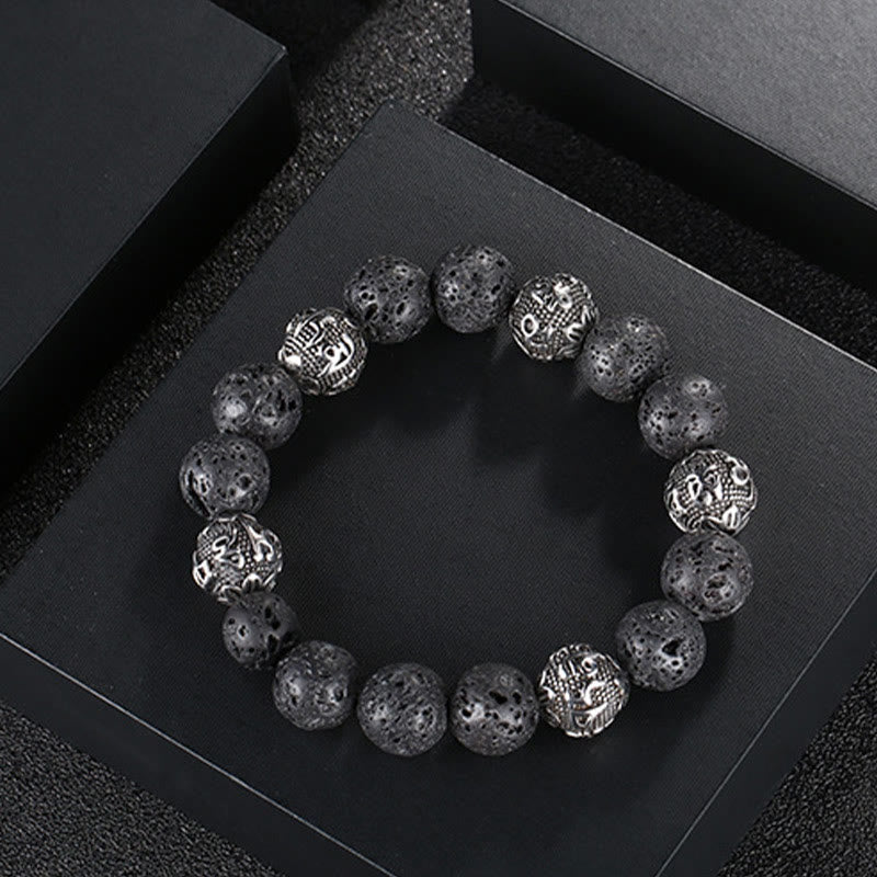 Wear FengShui Natural Lava Rock Tiger Eye Titanium Steel Six-True-Words Om Mani Padme Hum Healing Bracelet