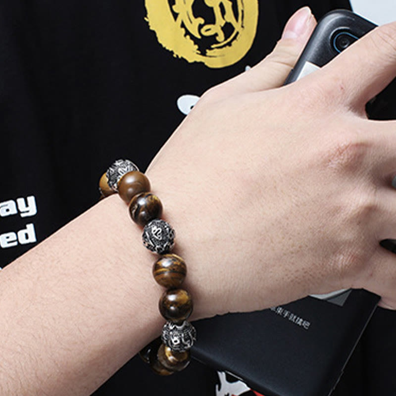 Wear FengShui Natural Lava Rock Tiger Eye Titanium Steel Six-True-Words Om Mani Padme Hum Healing Bracelet