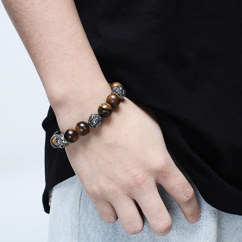 Wear FengShui Natural Lava Rock Tiger Eye Titanium Steel Six-True-Words Om Mani Padme Hum Healing Bracelet