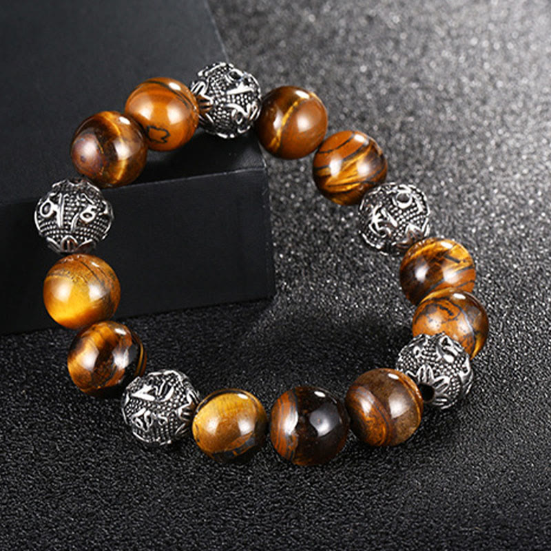 Wear FengShui Natural Lava Rock Tiger Eye Titanium Steel Six-True-Words Om Mani Padme Hum Healing Bracelet