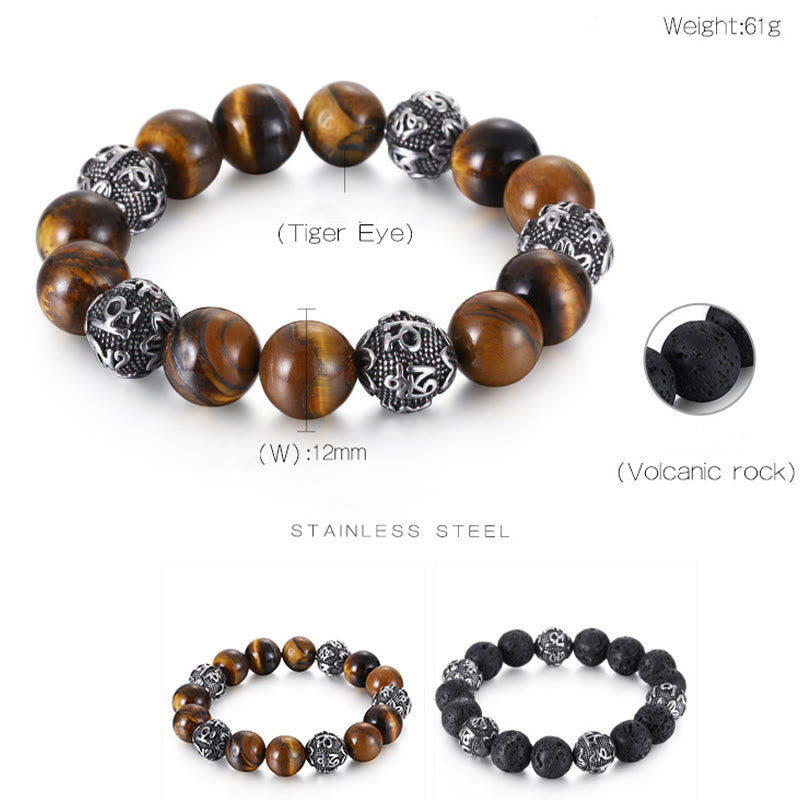 Wear FengShui Natural Lava Rock Tiger Eye Titanium Steel Six-True-Words Om Mani Padme Hum Healing Bracelet