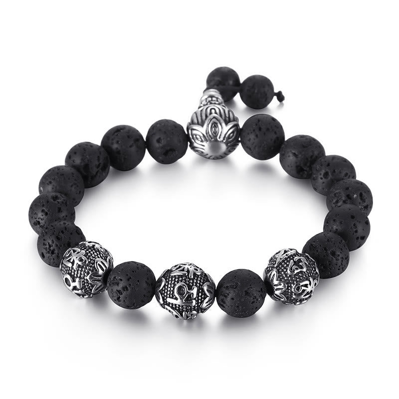 Wear FengShui Natural Tiger Eye Lava Rock Black Obsidian Titanium Steel Six-True-Words Om Mani Padme Hum Protection Bracelet