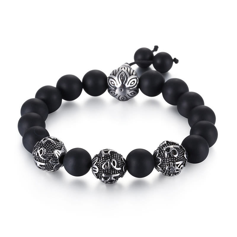 Wear FengShui Natural Tiger Eye Lava Rock Black Obsidian Titanium Steel Six-True-Words Om Mani Padme Hum Protection Bracelet