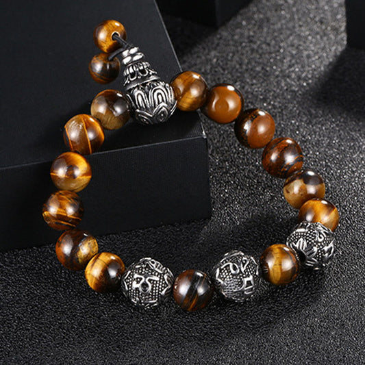 Wear FengShui Natural Tiger Eye Lava Rock Black Obsidian Titanium Steel Six-True-Words Om Mani Padme Hum Protection Bracelet