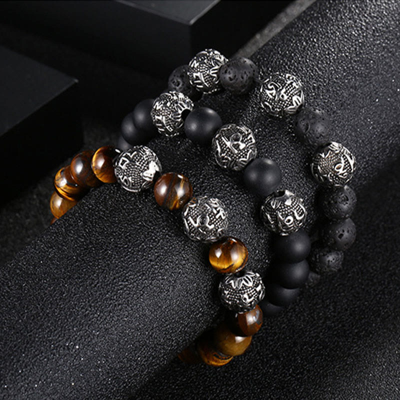 Wear FengShui Natural Tiger Eye Lava Rock Black Obsidian Titanium Steel Six-True-Words Om Mani Padme Hum Protection Bracelet