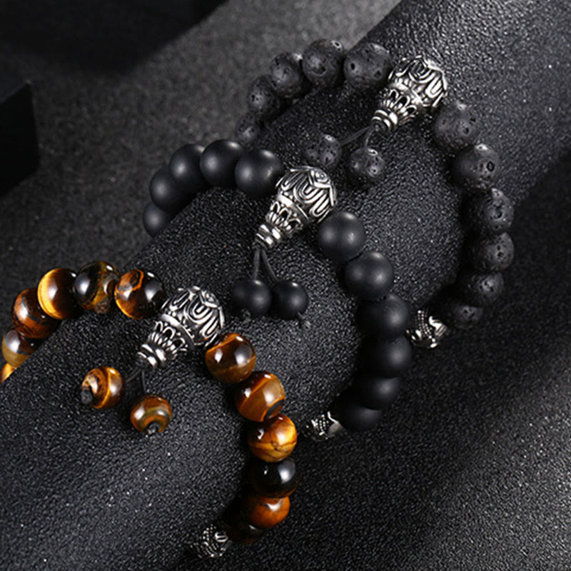 Wear FengShui Natural Tiger Eye Lava Rock Black Obsidian Titanium Steel Six-True-Words Om Mani Padme Hum Protection Bracelet