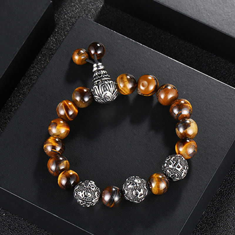 Wear FengShui Natural Tiger Eye Lava Rock Black Obsidian Titanium Steel Six-True-Words Om Mani Padme Hum Protection Bracelet