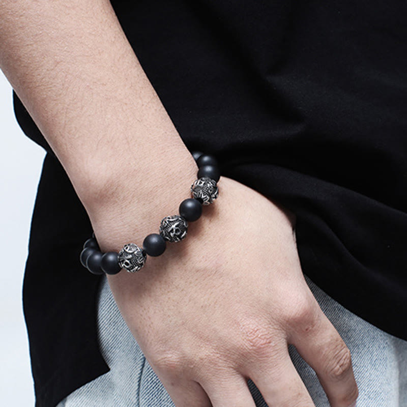 Wear FengShui Natural Tiger Eye Lava Rock Black Obsidian Titanium Steel Six-True-Words Om Mani Padme Hum Protection Bracelet