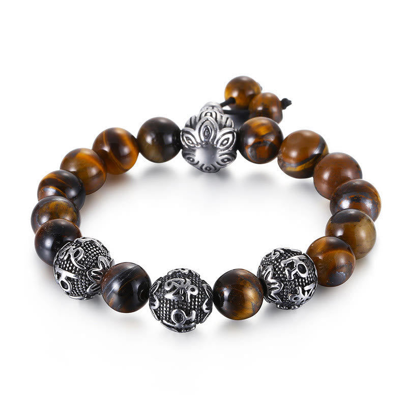 Wear FengShui Natural Tiger Eye Lava Rock Black Obsidian Titanium Steel Six-True-Words Om Mani Padme Hum Protection Bracelet