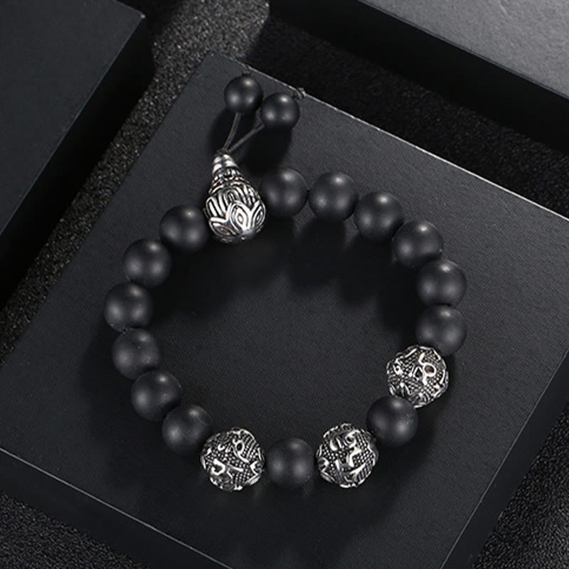 Wear FengShui Natural Tiger Eye Lava Rock Black Obsidian Titanium Steel Six-True-Words Om Mani Padme Hum Protection Bracelet