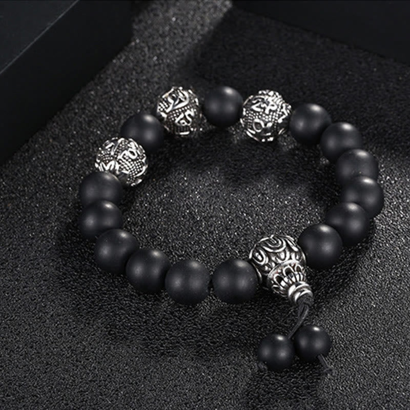 Wear FengShui Natural Tiger Eye Lava Rock Black Obsidian Titanium Steel Six-True-Words Om Mani Padme Hum Protection Bracelet