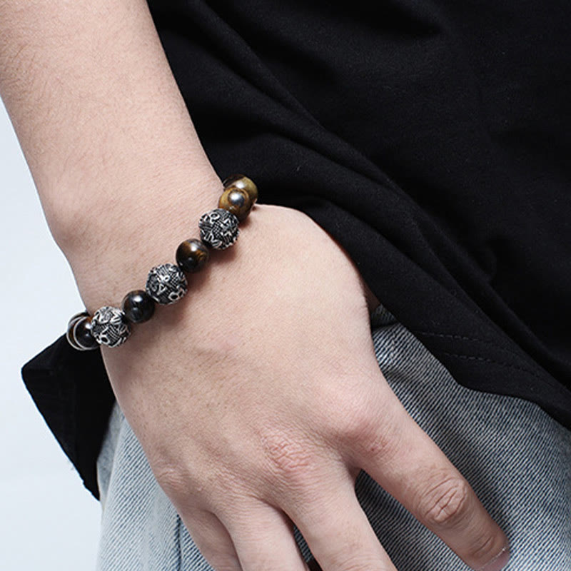 Wear FengShui Natural Tiger Eye Lava Rock Black Obsidian Titanium Steel Six-True-Words Om Mani Padme Hum Protection Bracelet