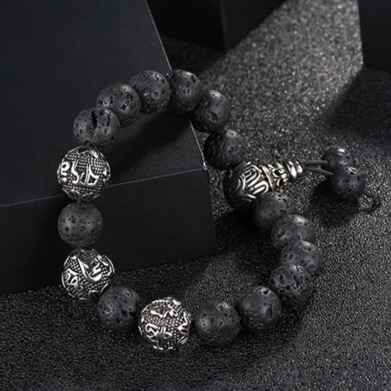 Wear FengShui Natural Tiger Eye Lava Rock Black Obsidian Titanium Steel Six-True-Words Om Mani Padme Hum Protection Bracelet