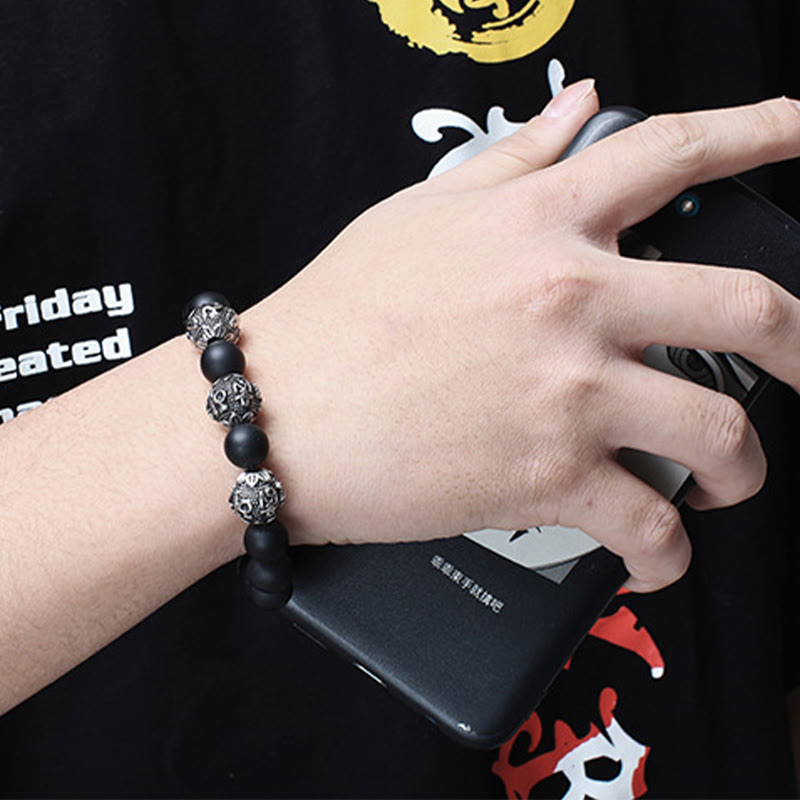Wear FengShui Natural Tiger Eye Lava Rock Black Obsidian Titanium Steel Six-True-Words Om Mani Padme Hum Protection Bracelet