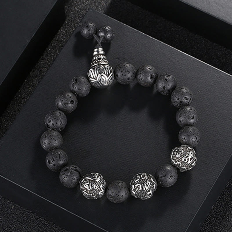 Wear FengShui Natural Tiger Eye Lava Rock Black Obsidian Titanium Steel Six-True-Words Om Mani Padme Hum Protection Bracelet