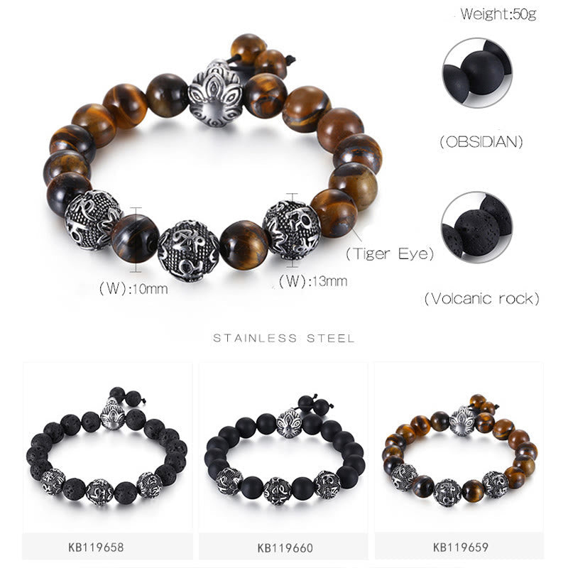 Wear FengShui Natural Tiger Eye Lava Rock Black Obsidian Titanium Steel Six-True-Words Om Mani Padme Hum Protection Bracelet