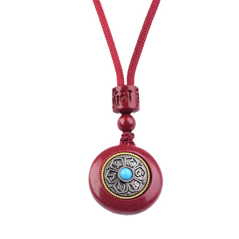 Wear FengShui Natural Cinnabar Six True Words 'Om Mani Padme Hum' Braided String Blessing Key Chain Necklace Pendant