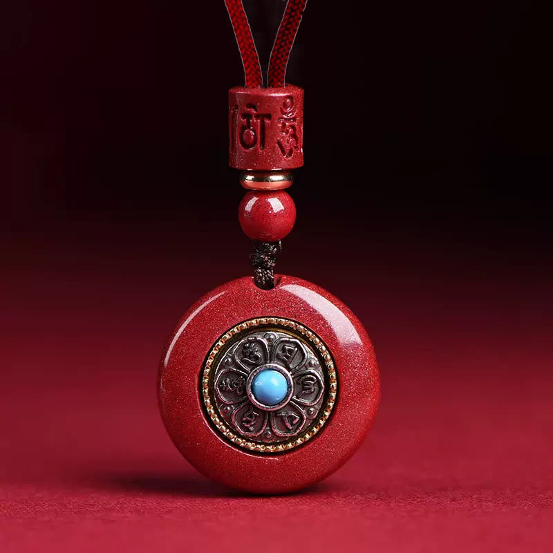 Wear FengShui Natural Cinnabar Six True Words 'Om Mani Padme Hum' Braided String Blessing Key Chain Necklace Pendant