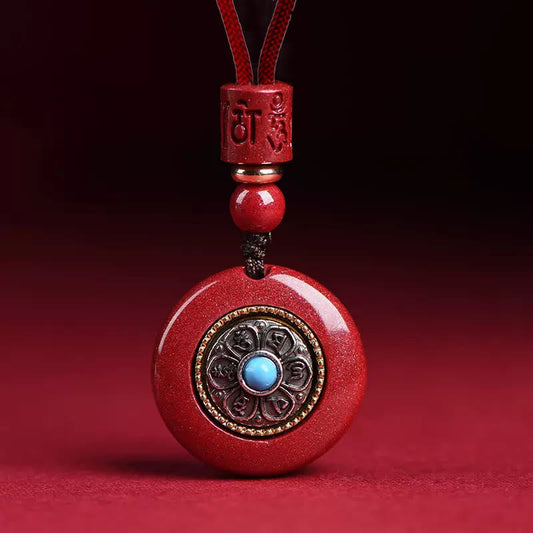 Wear FengShui Natural Cinnabar Six True Words 'Om Mani Padme Hum' Braided String Blessing Key Chain Necklace Pendant