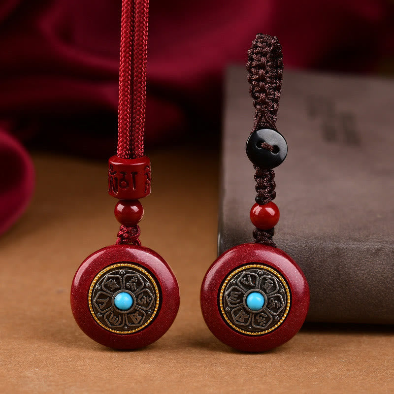 Wear FengShui Natural Cinnabar Six True Words 'Om Mani Padme Hum' Braided String Blessing Key Chain Necklace Pendant