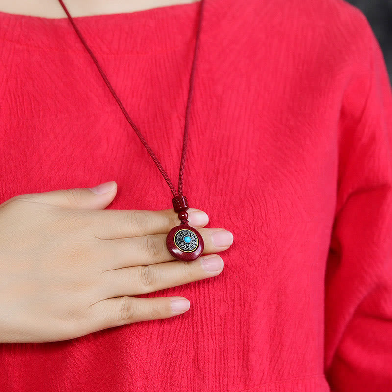 Wear FengShui Natural Cinnabar Six True Words 'Om Mani Padme Hum' Braided String Blessing Key Chain Necklace Pendant