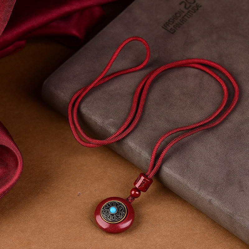 Wear FengShui Natural Cinnabar Six True Words 'Om Mani Padme Hum' Braided String Blessing Key Chain Necklace Pendant