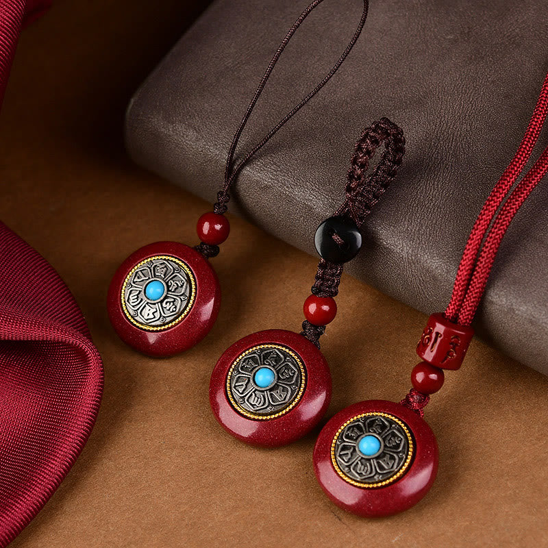 Wear FengShui Natural Cinnabar Six True Words 'Om Mani Padme Hum' Braided String Blessing Key Chain Necklace Pendant