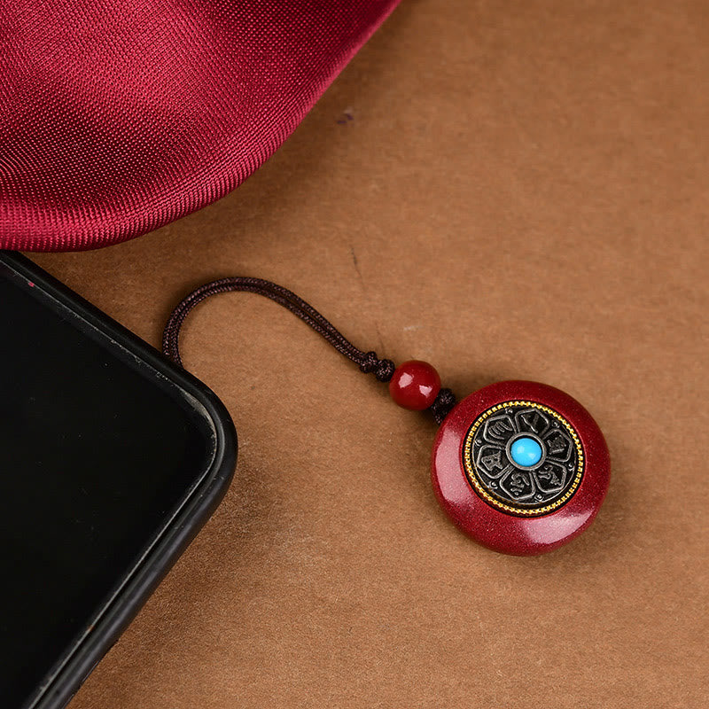 Wear FengShui Natural Cinnabar Six True Words 'Om Mani Padme Hum' Braided String Blessing Key Chain Necklace Pendant