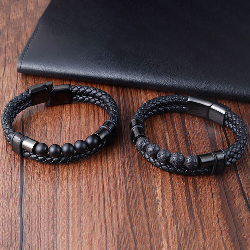 Wear FengShui Lava Rock Frosted Stone Healing Leather Magnetic Buckle Bracelet