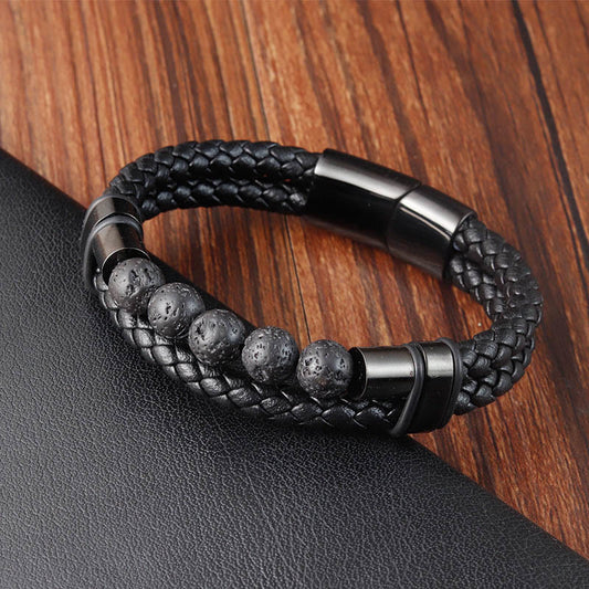 Wear FengShui Lava Rock Frosted Stone Healing Leather Magnetic Buckle Bracelet