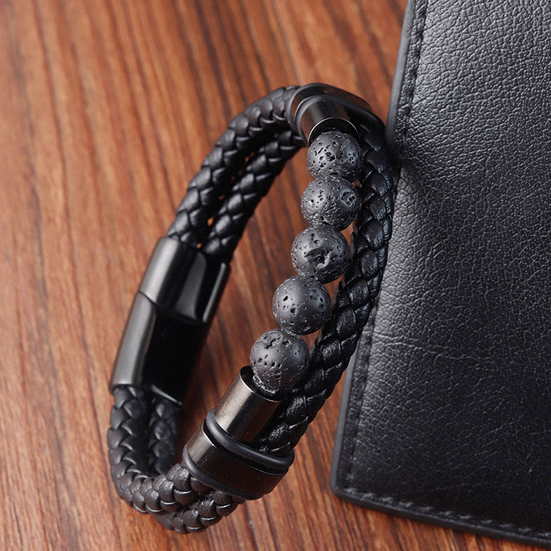 Wear FengShui Lava Rock Frosted Stone Healing Leather Magnetic Buckle Bracelet