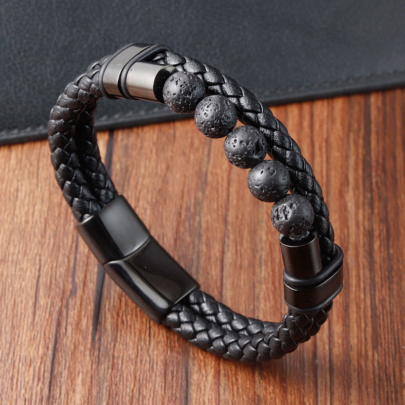 Wear FengShui Lava Rock Frosted Stone Healing Leather Magnetic Buckle Bracelet