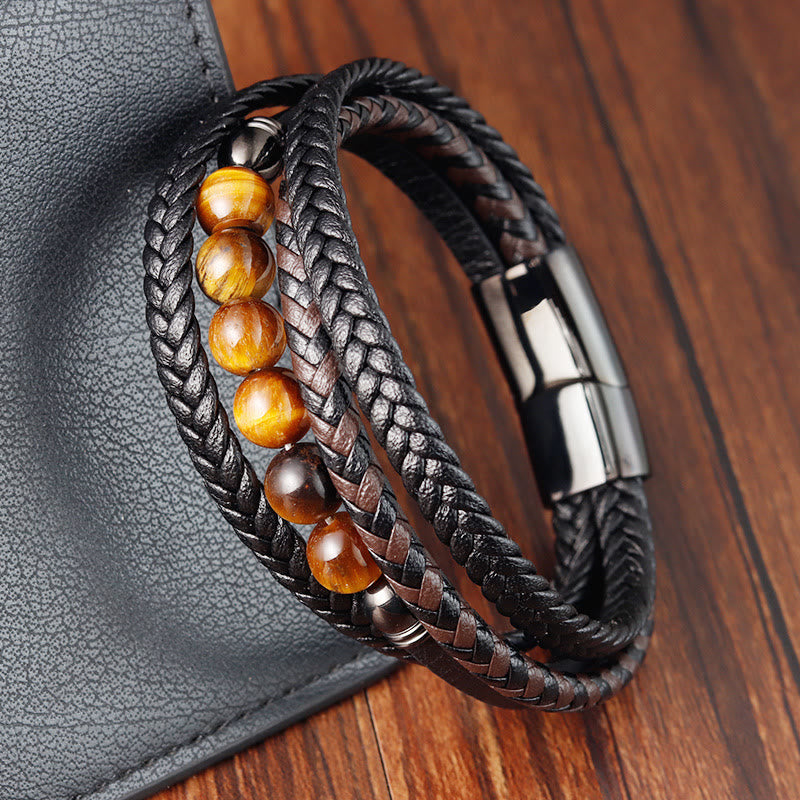 Wear FengShui Tiger Eye Stone Protection Leather Bracelet