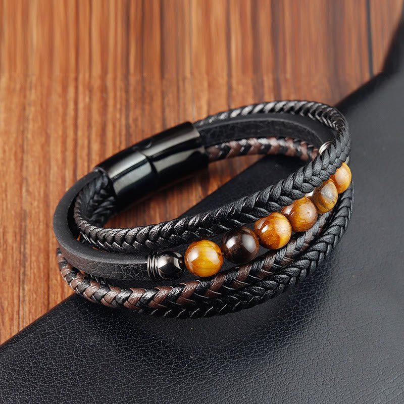 Wear FengShui Tiger Eye Stone Protection Leather Bracelet