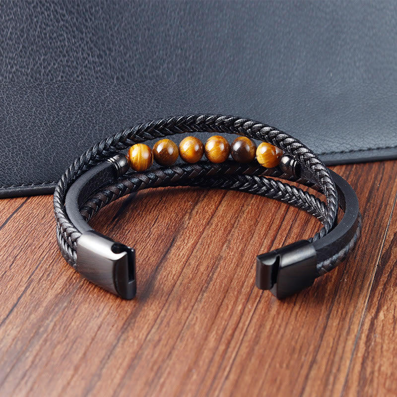 Wear FengShui Tiger Eye Stone Protection Leather Bracelet