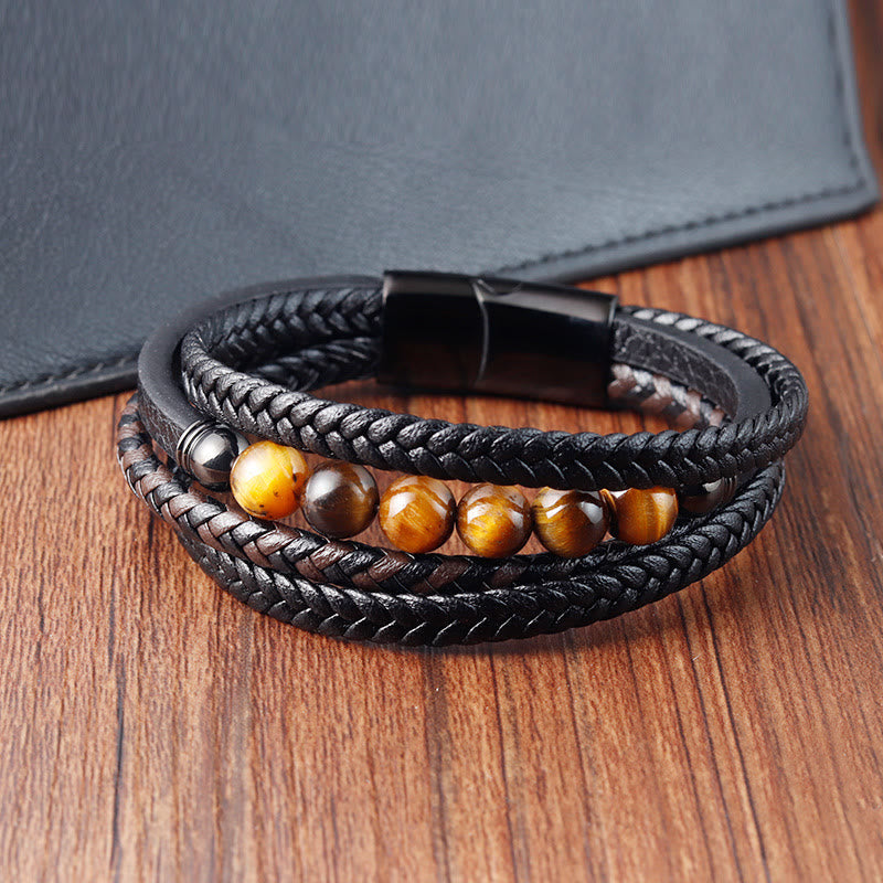 Wear FengShui Tiger Eye Stone Protection Leather Bracelet