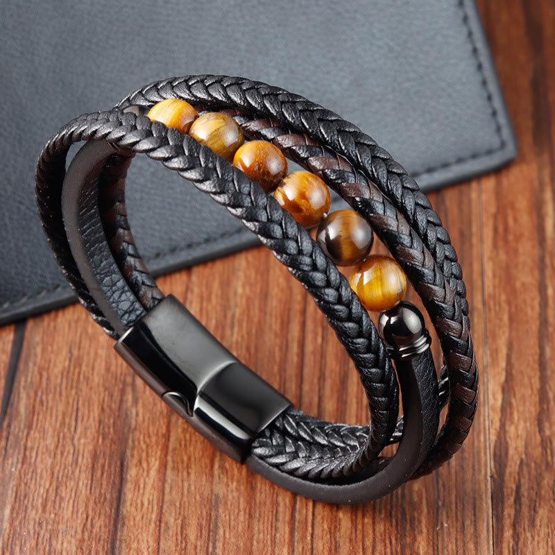 Wear FengShui Tiger Eye Stone Protection Leather Bracelet