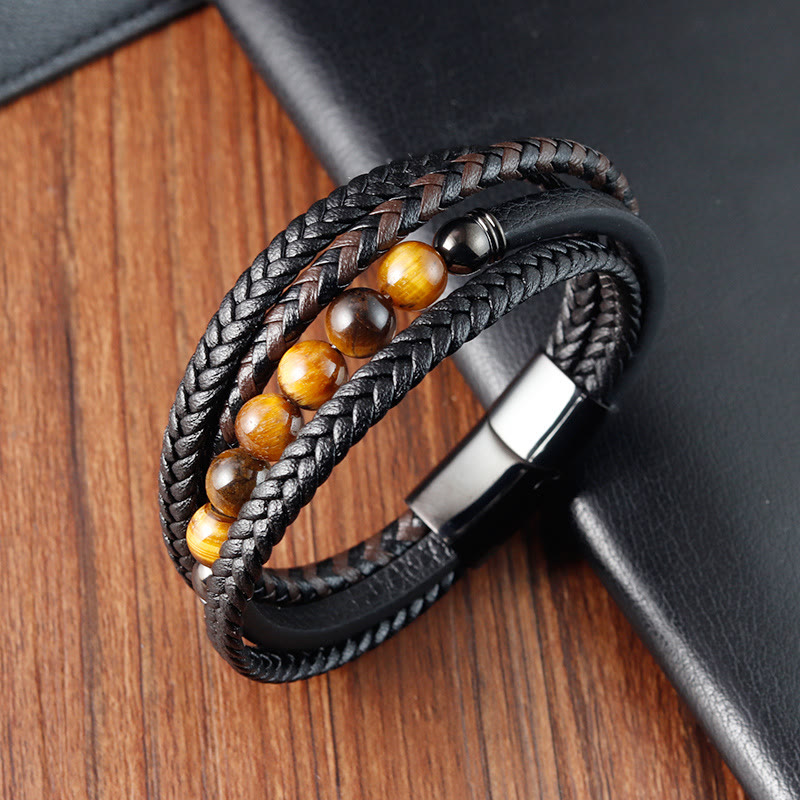 Wear FengShui Tiger Eye Stone Protection Leather Bracelet