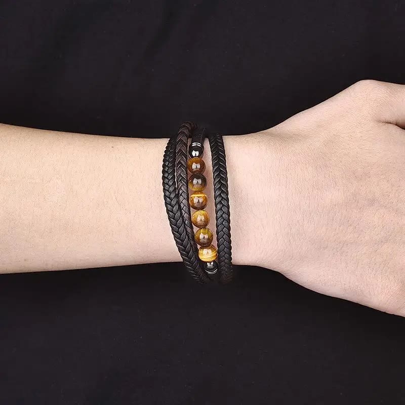 Wear FengShui Tiger Eye Stone Protection Leather Bracelet