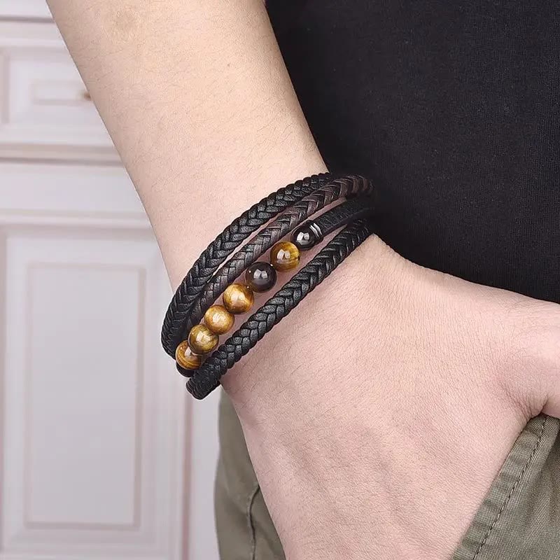Wear FengShui Tiger Eye Stone Protection Leather Bracelet