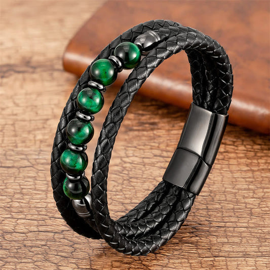 Wear FengShui Tiger Eye Lava Rock Hematite Black Onyx Bead Positive Leather Bracelet
